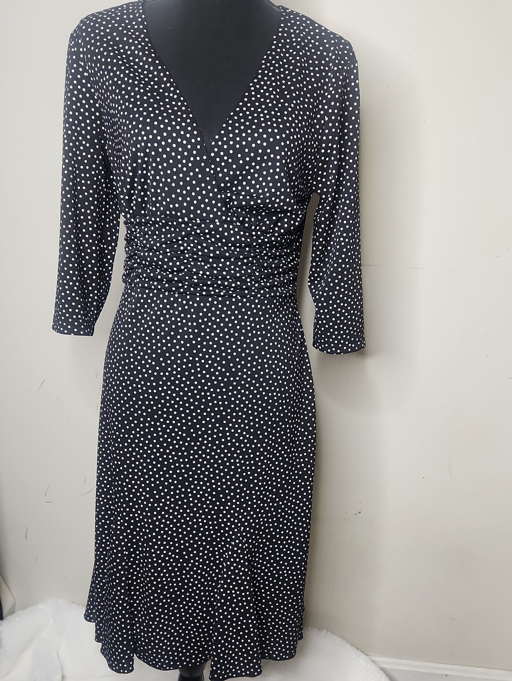 Y2K Black and White Polka Dot Wrap-Style Midi Dress